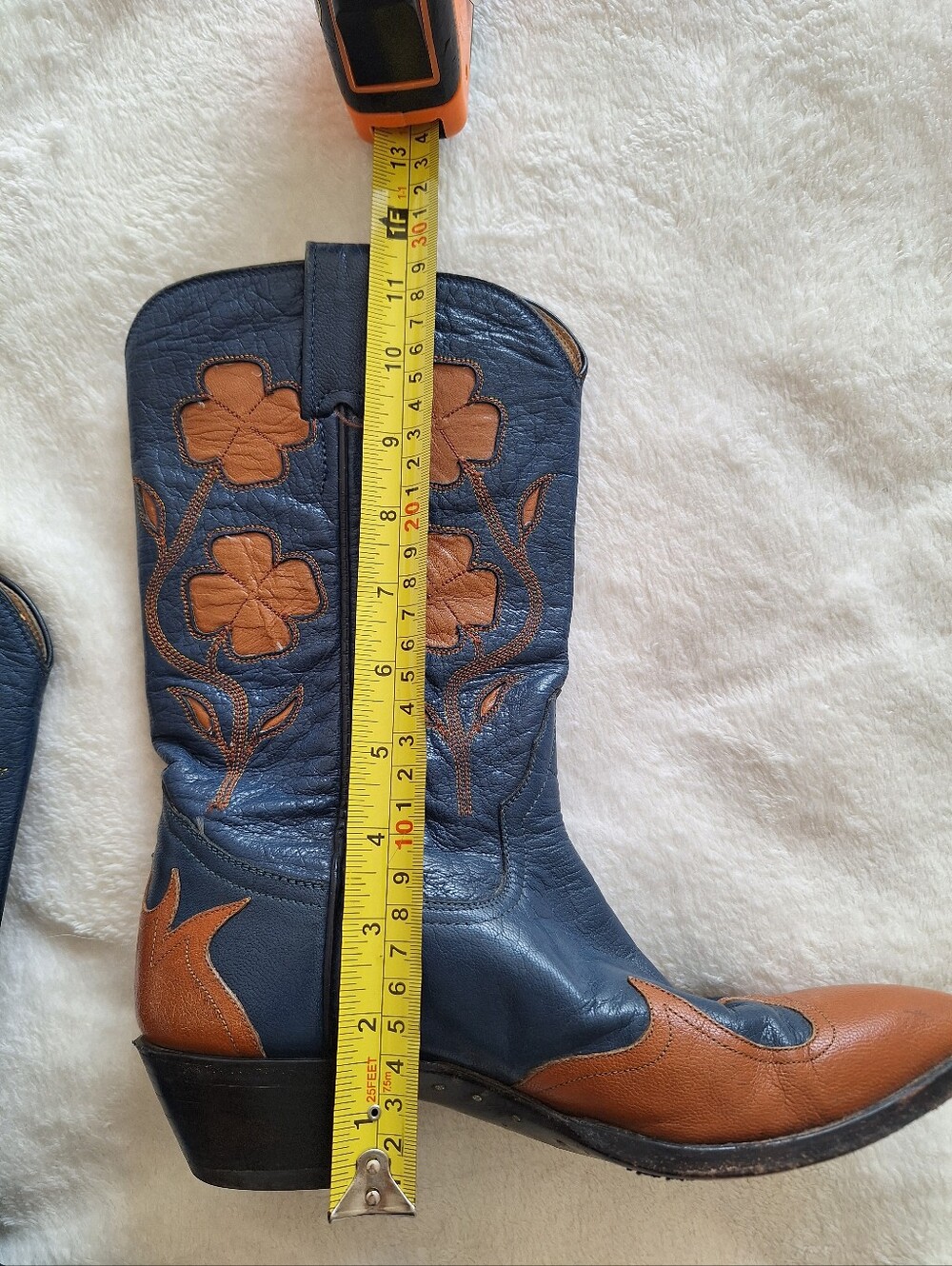 Vintage Larry Mahan Blue Leather Cowboy Boots Orange Floral Clover Inlay US 7B - Picture 12 of 12